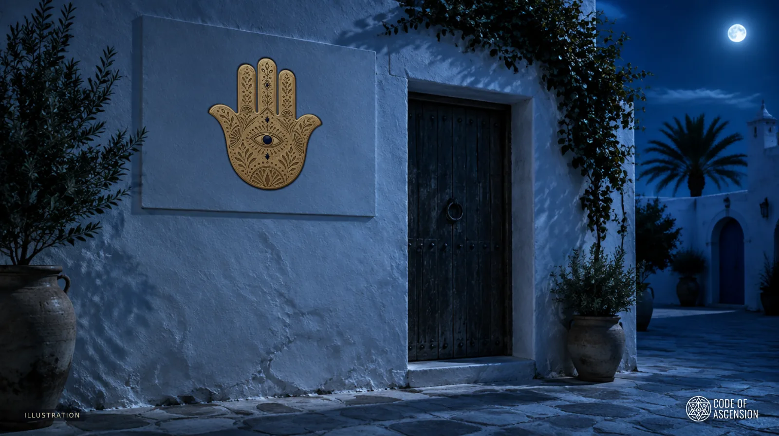 Illustration of a gold hamsa inlaid in a whitewashed wall plaque beside a wooden door at night