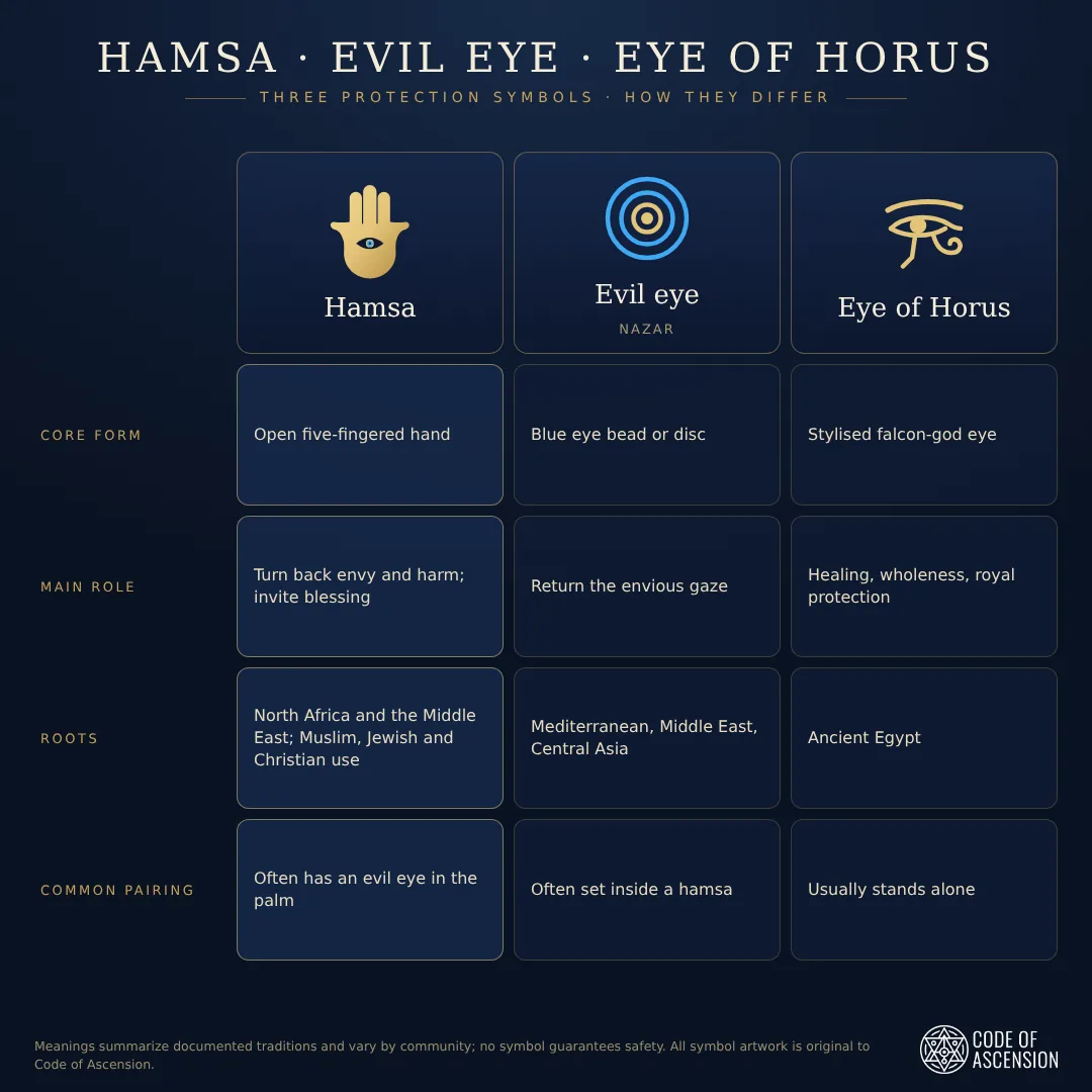 Comparison chart of the hamsa, the evil eye and the Eye of Horus by core form, main role, roots and common pairing
