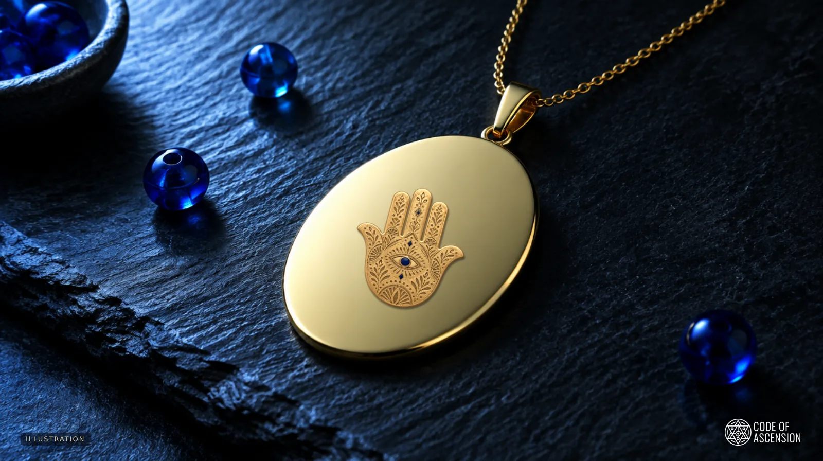 Illustration of a gold oval pendant with a raised hamsa design, on dark slate with blue glass beads