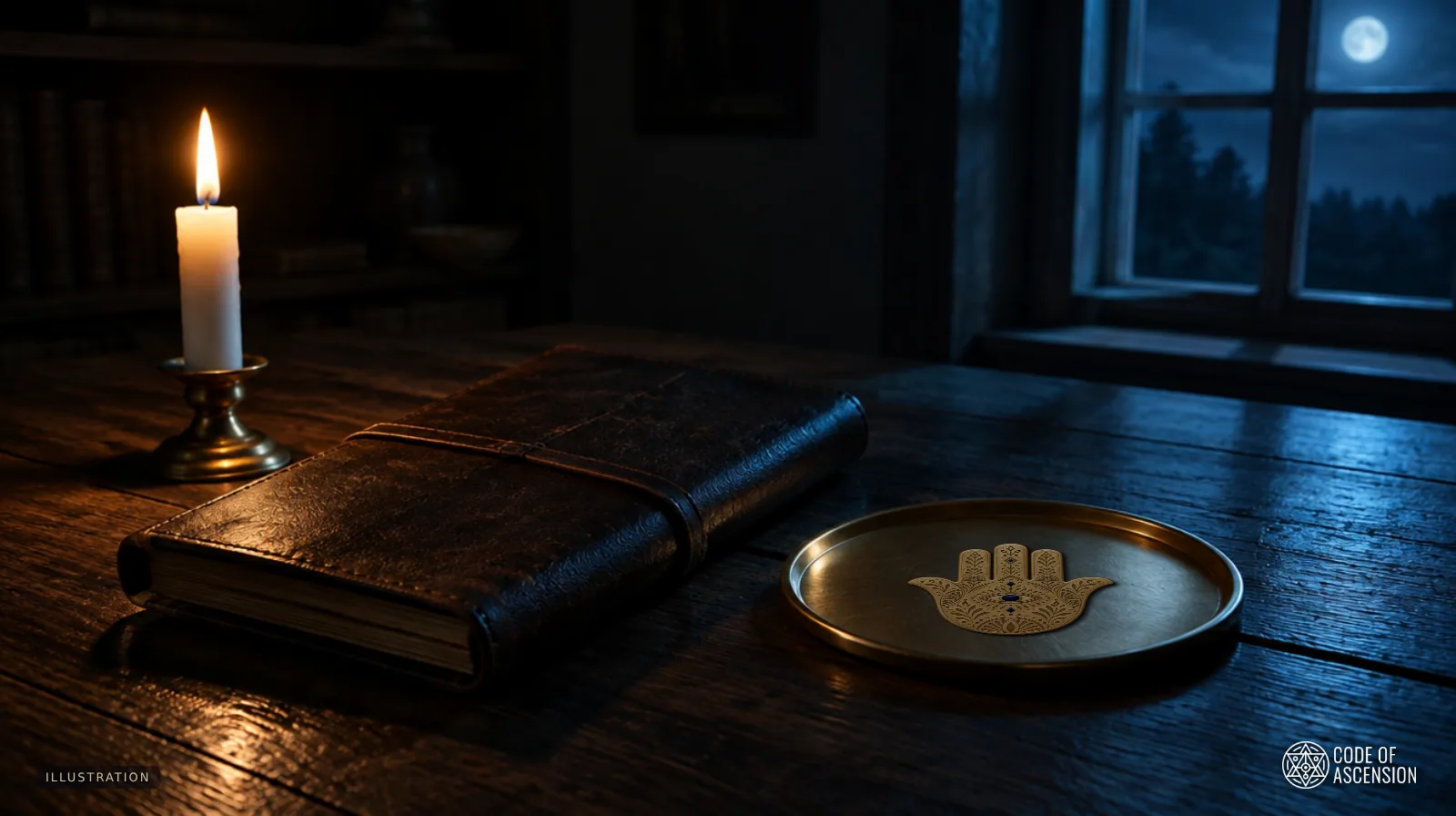 Illustration of a gold hamsa lying in a brass tray beside a candle and a leather journal at night