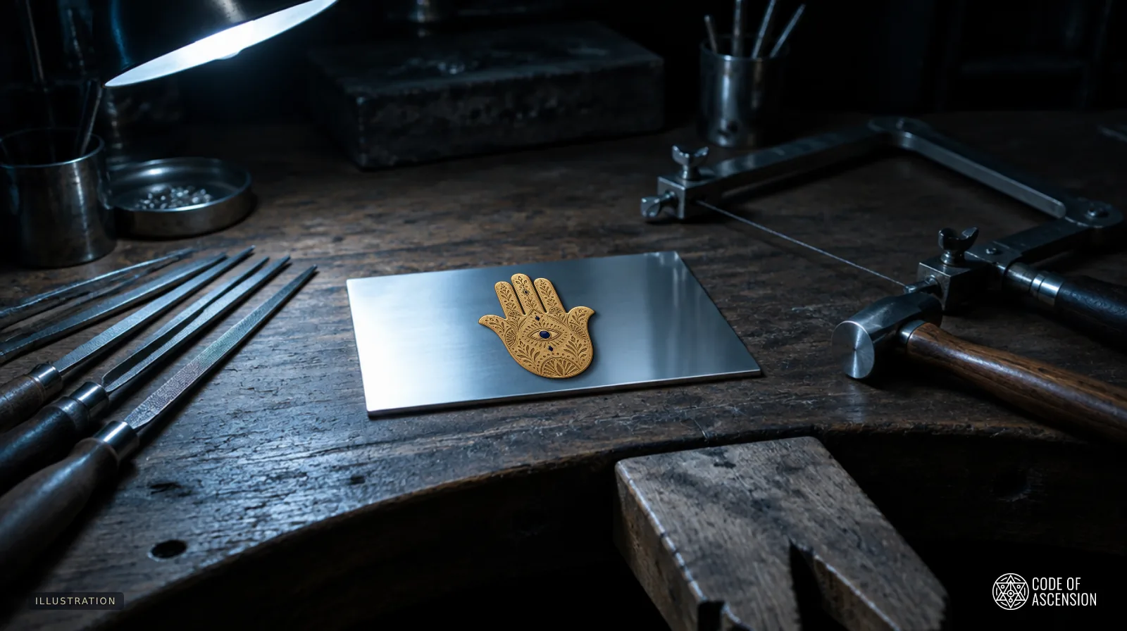 Illustration of a gold hamsa resting on a steel sheet on a silversmith’s workbench with files and a saw frame
