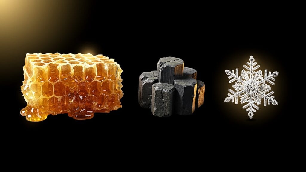 Hexagons in nature: golden honeycomb, dark basalt columns and a six-sided snowflake on a black background