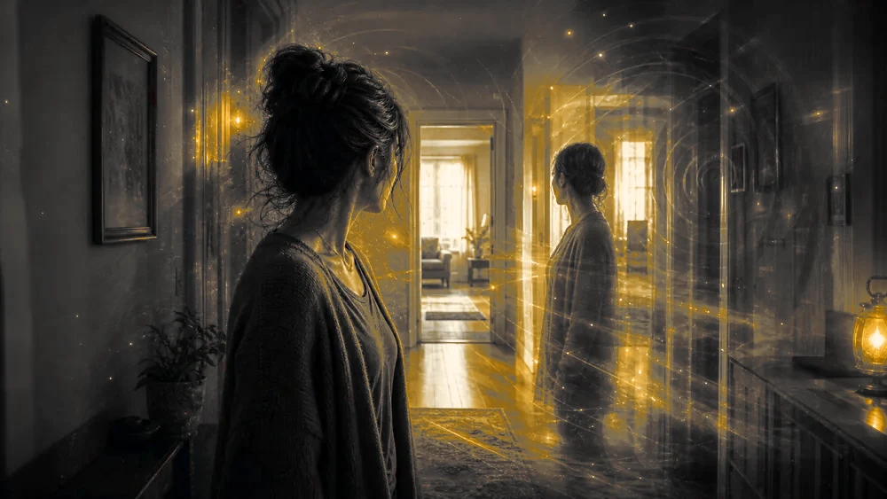 Ilustración de una mujer en un pasillo tenue que mira su reflejo entre estelas de luz dorada