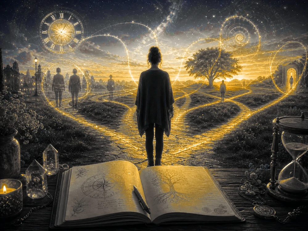 Ilustración de una persona en un cruce de caminos luminosos con un diario abierto