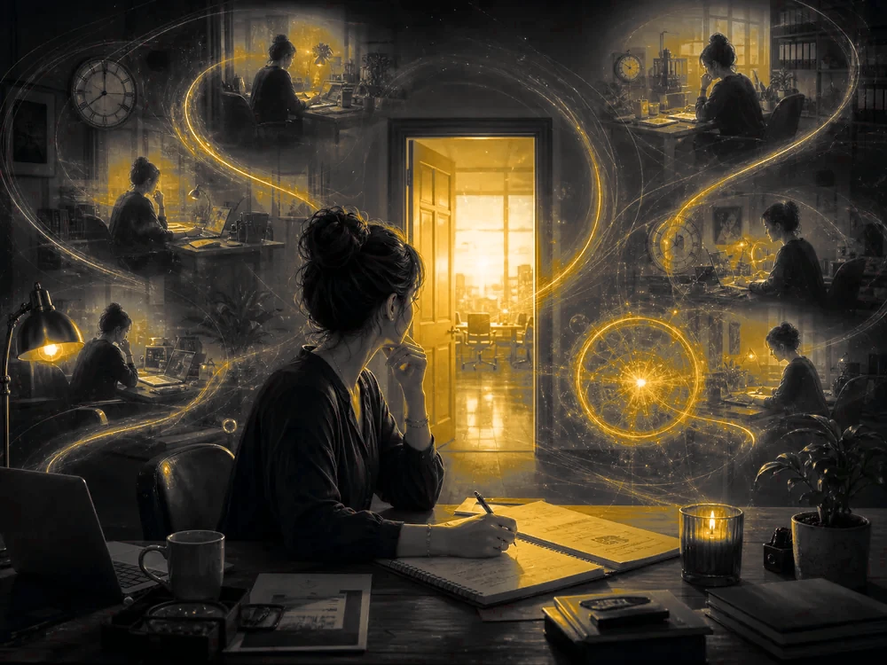 Ilustración de una persona en su escritorio rodeada de ecos de escenas anteriores del mismo momento