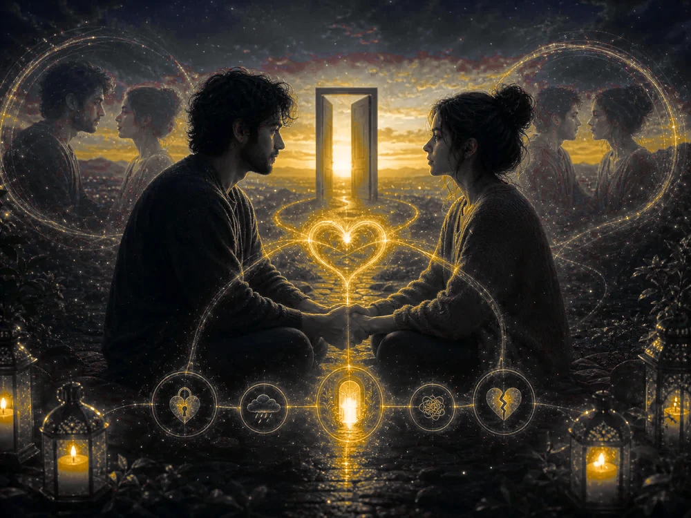 Ilustración de dos personas tomadas de las manos con una puerta de luz entre ellas