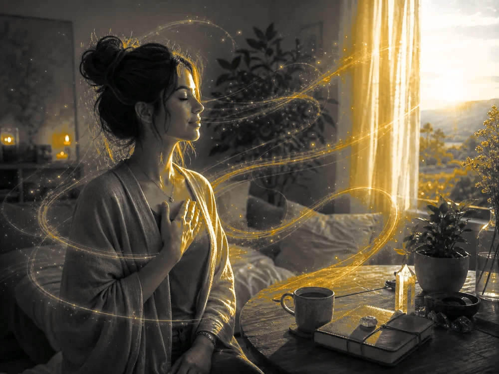 Ilustración de una mujer en calma con la mano en el pecho junto a una ventana iluminada