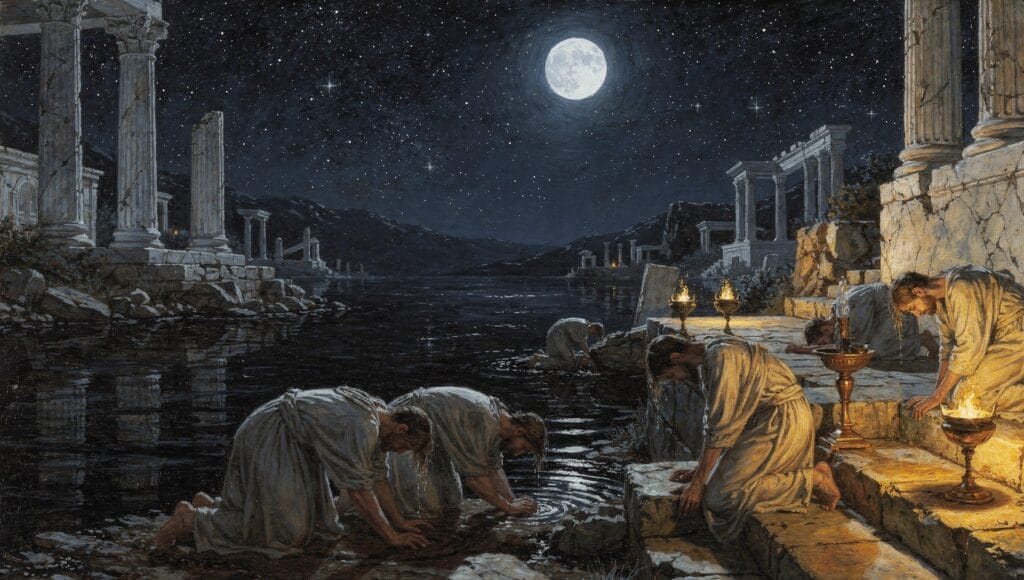 Plato's Myth of Er: robed souls drinking from the River of Forgetfulness beneath a starry sky