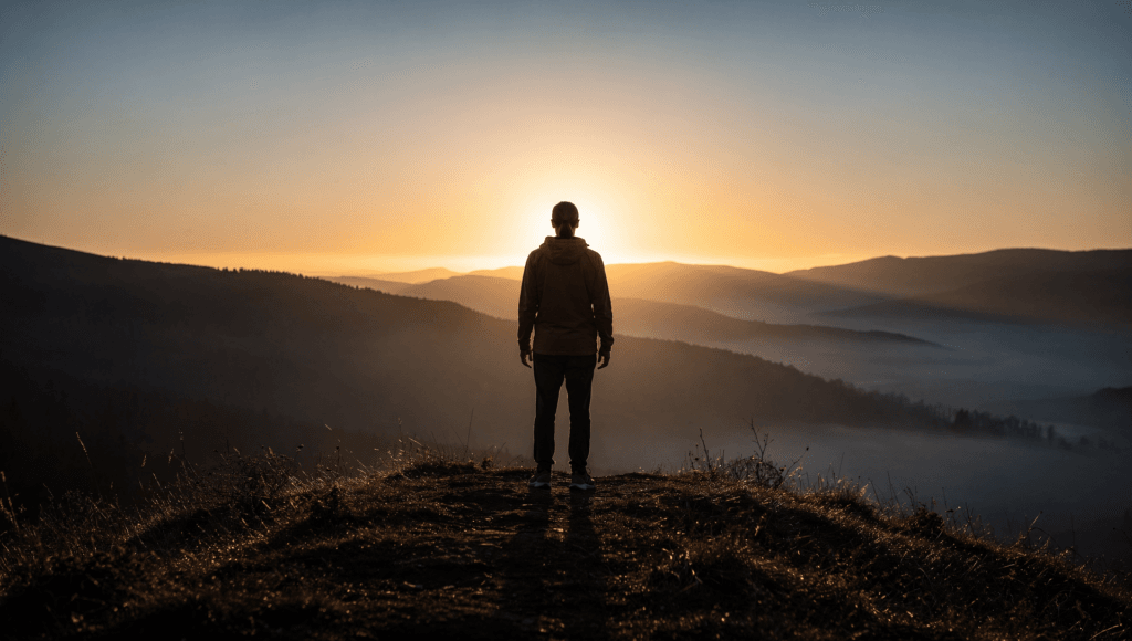 Near-death experience aftereffects: a person watching a golden sunrise over misty hills