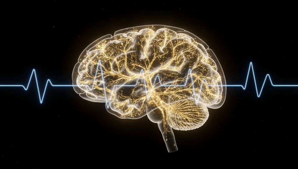 Near-death experience science: a glowing brain with a surge of golden neural activity and a blue EEG line