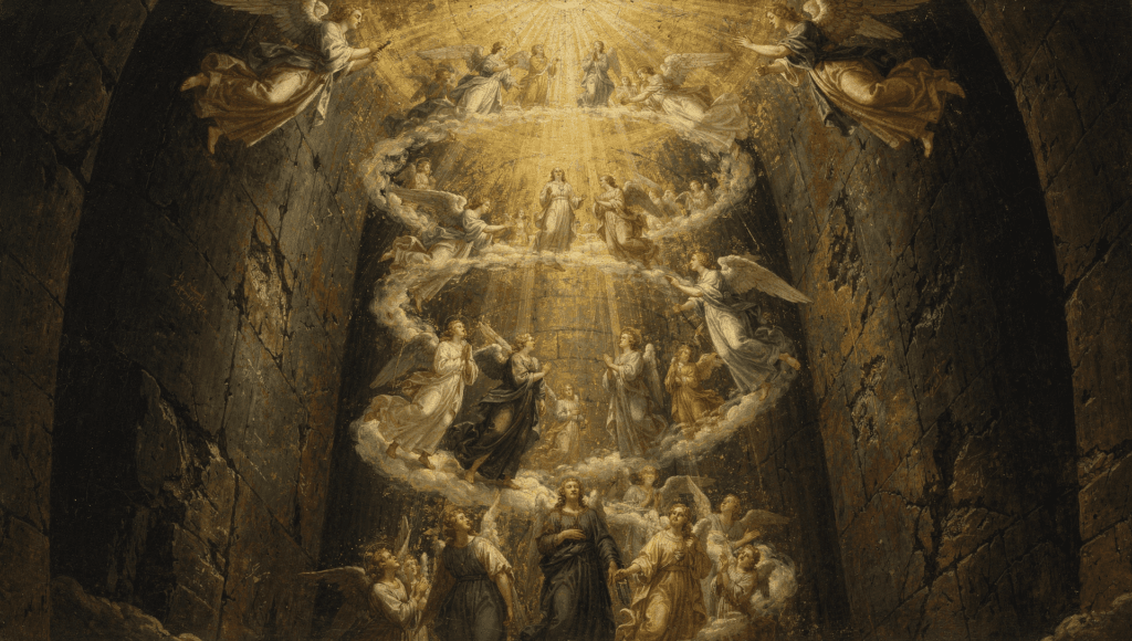 History of near-death experiences: a Renaissance-style painting of souls rising through a tunnel toward light