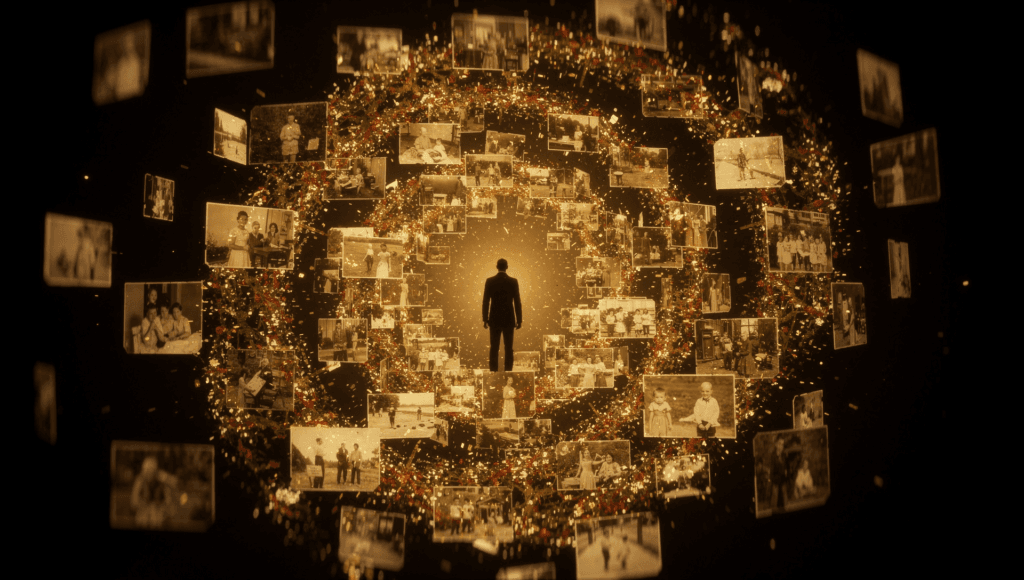 Near-death experience life review: memories of a life spiraling in golden light around a silhouetted person