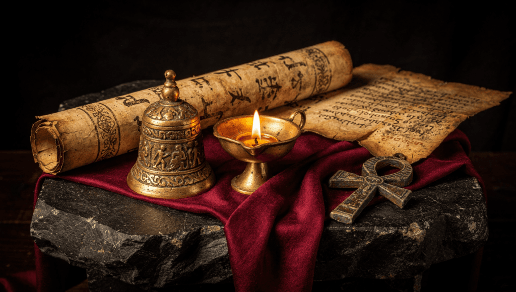 Near-death experiences across cultures: a papyrus scroll, Tibetan bell, butter lamp and ankh on a black altar