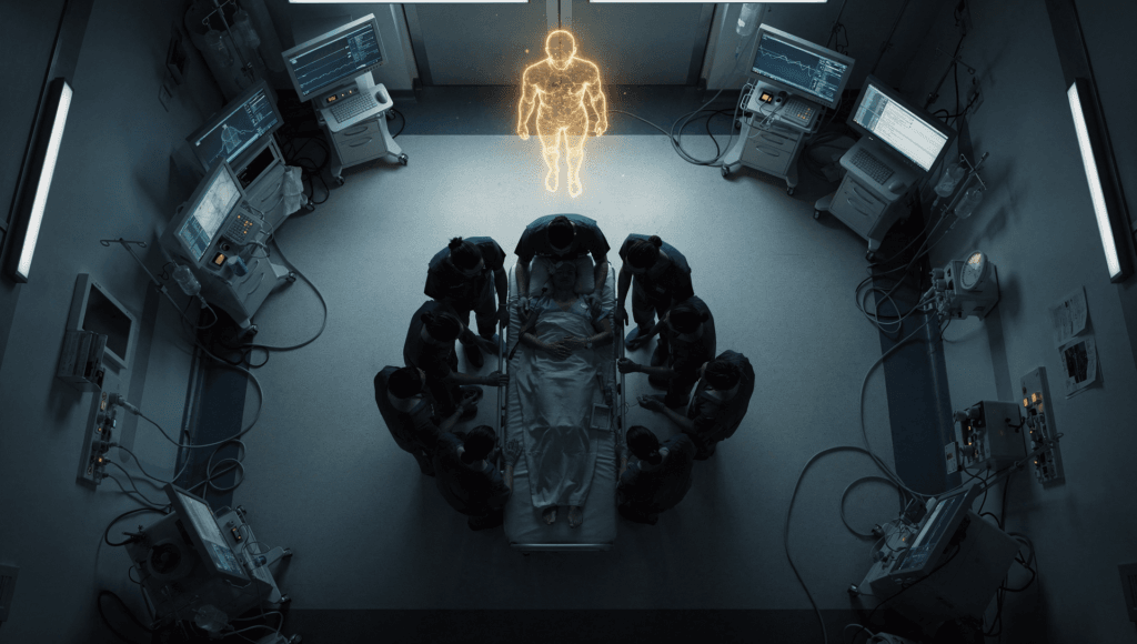 Out-of-body experience: a glowing figure near the ceiling above a medical team performing resuscitation