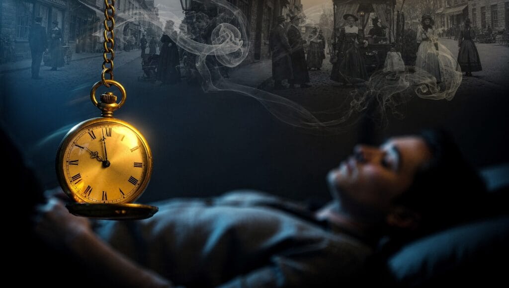 Past-life regression: a swinging gold pocket watch above a person resting with eyes closed as scenes from other eras swirl