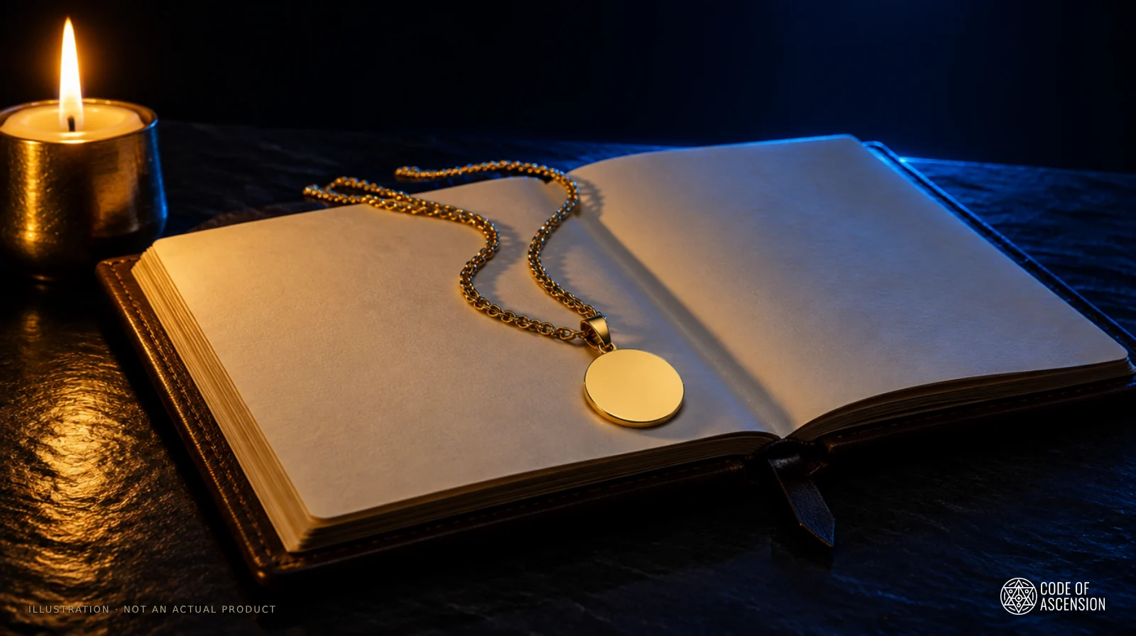 Illustration of a gold pendant resting on an open blank journal beside a candle on a dark table.
