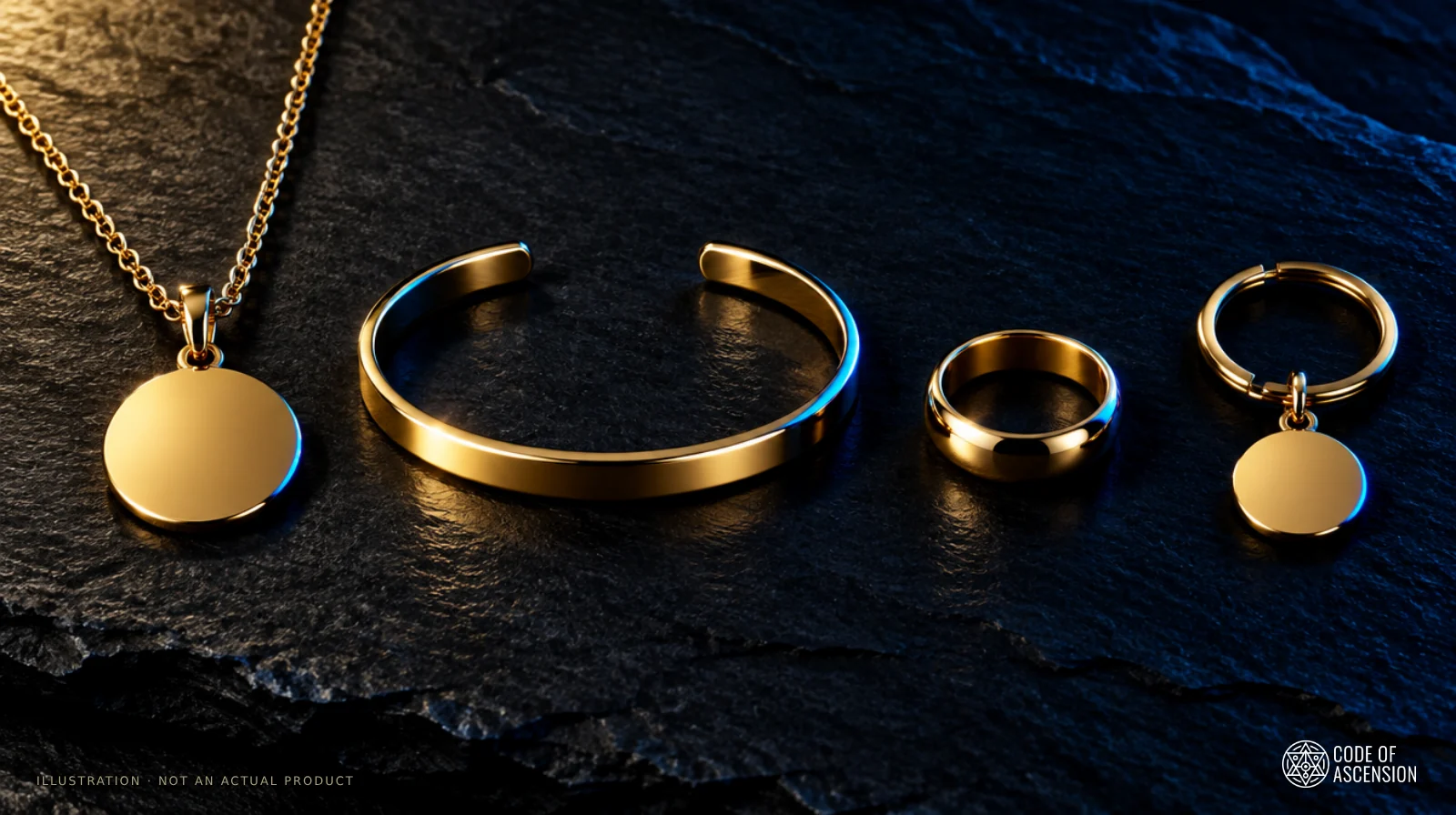 Illustration of a gold pendant necklace, cuff bracelet, band ring and key-ring charm laid out on dark slate.