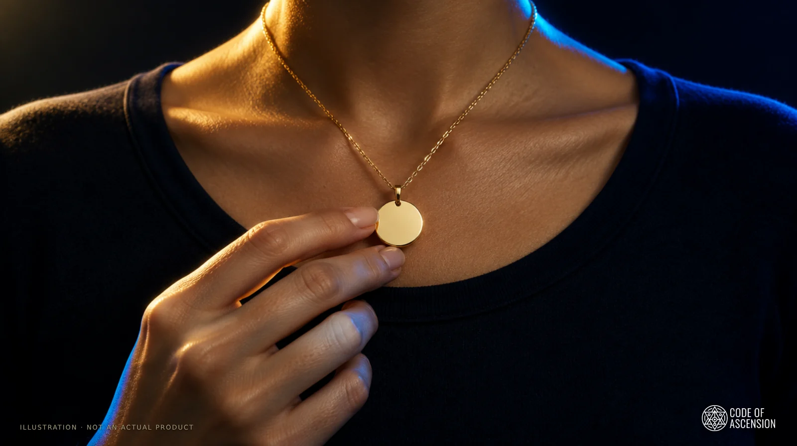 Illustration of a hand holding a plain gold pendant against the chest in warm gold and blue light, face out of frame.
