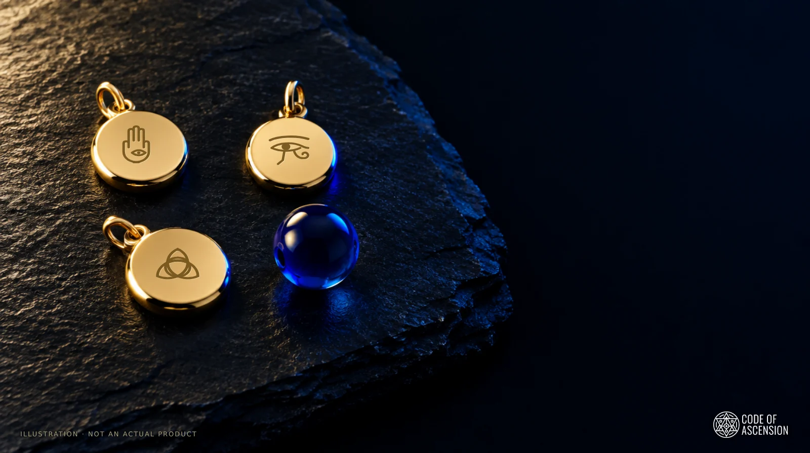 Illustration of three gold charms engraved with Code of Ascension drawings of a hamsa, Eye of Horus and triquetra, beside a blue glass bead on dark slate.