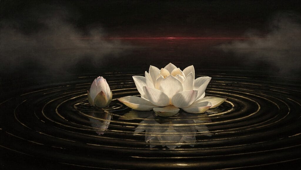 Rebirth symbolism: a white lotus and bud on black water with golden ripples and a crimson dawn line