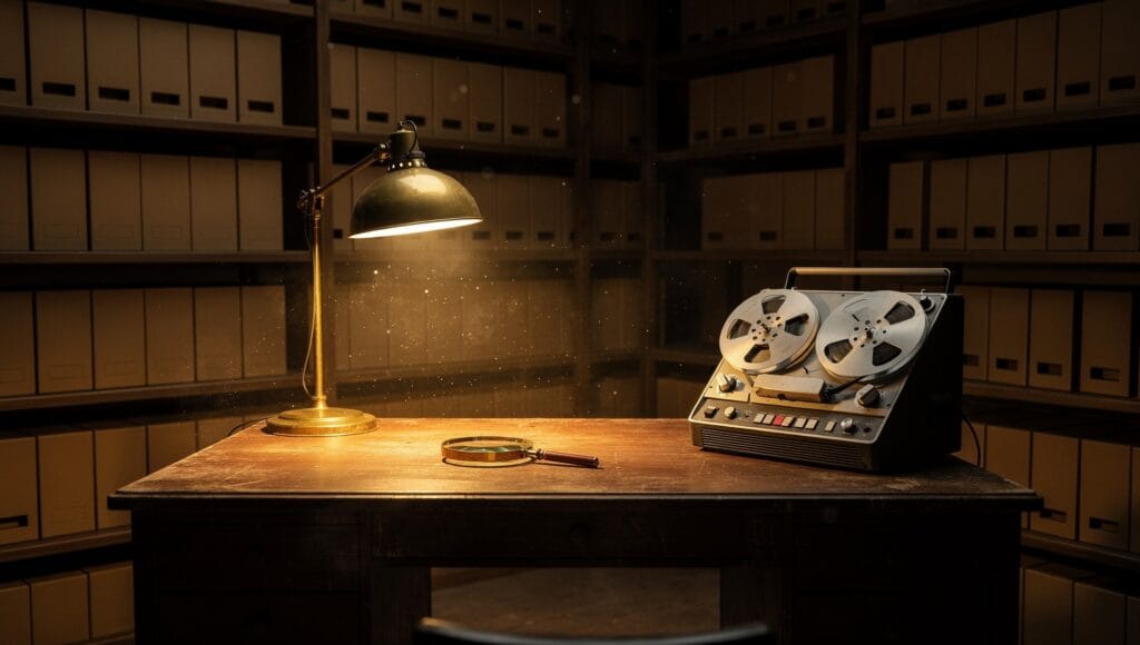 Illustration of a reincarnation research archive: unmarked case boxes, a magnifying glass and a reel-to-reel recorder under a desk lamp
