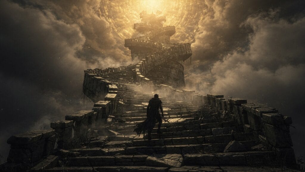 Reincarnation and spiritual ascension: a lone figure climbing an ancient spiral staircase toward golden light