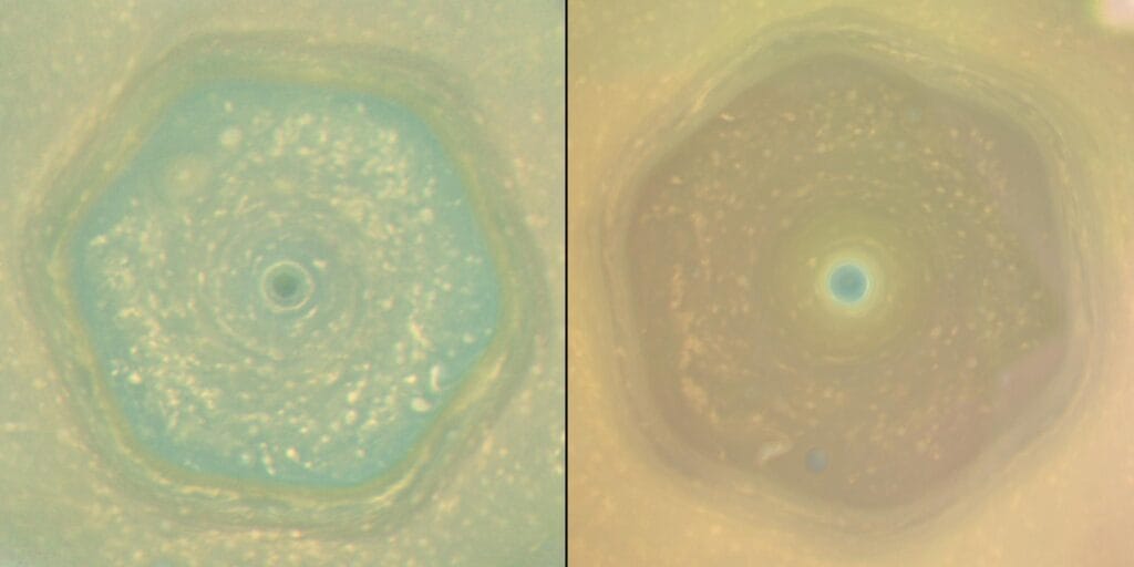 Saturn's hexagon in natural color in 2013 and 2017, showing its interior changing from blue to golden haze
