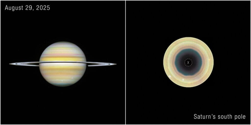 Hubble Space Telescope views of Saturn and its south pole on August 29, 2025, showing the new ten-sided decagon wave