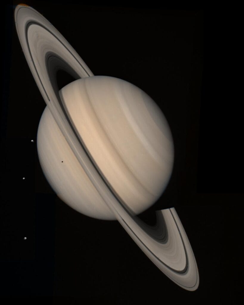 Saturn and its rings photographed by NASA's Voyager 2 spacecraft in August 1981