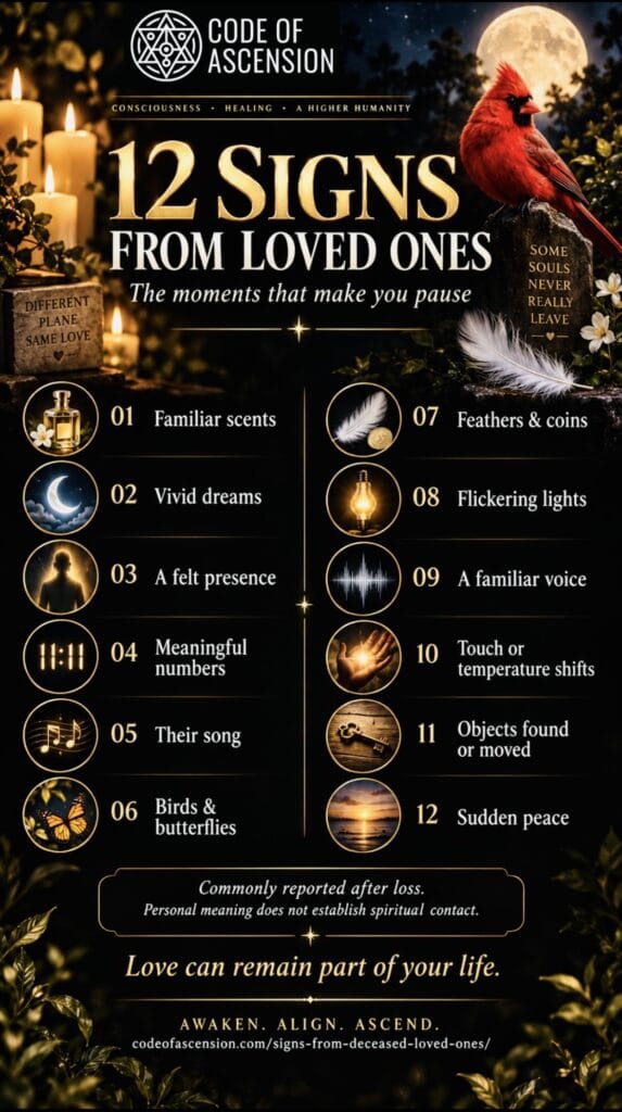 12 signs from deceased loved ones infographic: familiar scents, vivid dreams, a felt presence, meaningful numbers and more