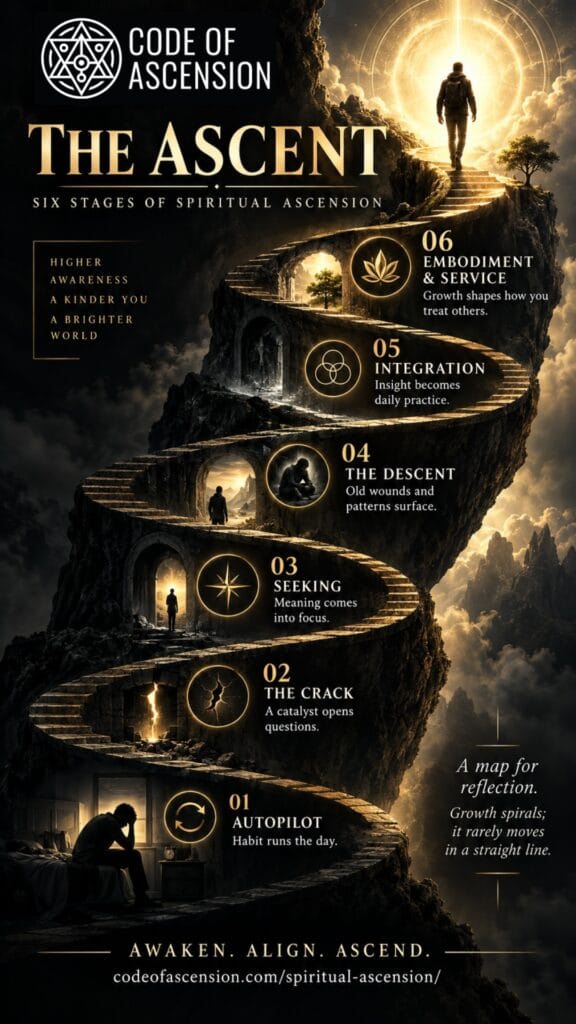 Six stages of spiritual ascension infographic: autopilot, the crack, seeking, the descent, integration, embodiment and service