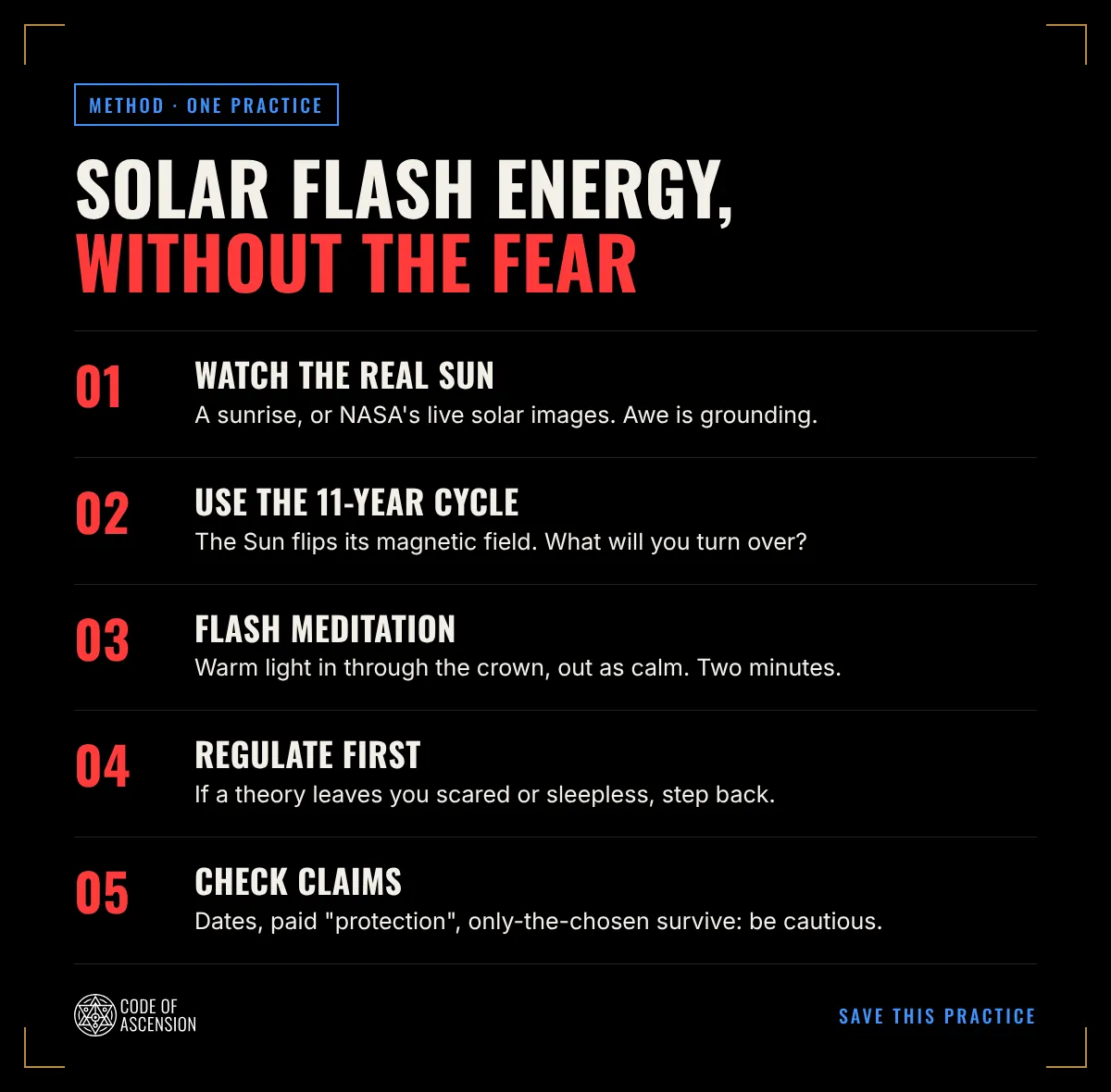 COA practice card: five steps to work with Solar Flash energy without fear, from watching the real Sun to checking claims