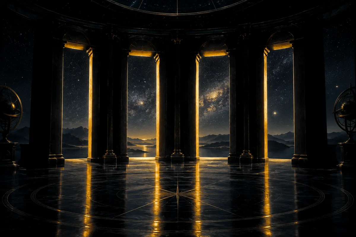Four illuminated cosmic doorways beneath a star-filled sky