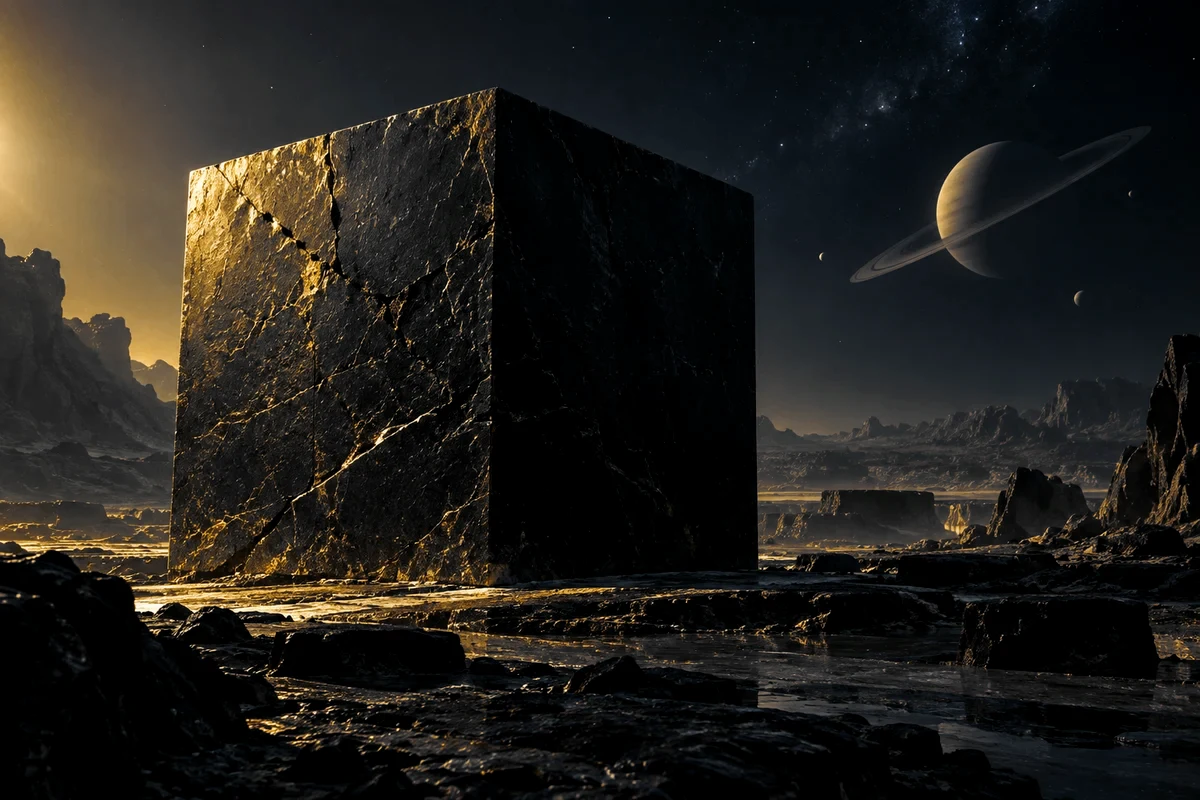 A monumental black stone cube under a distant view of Saturn