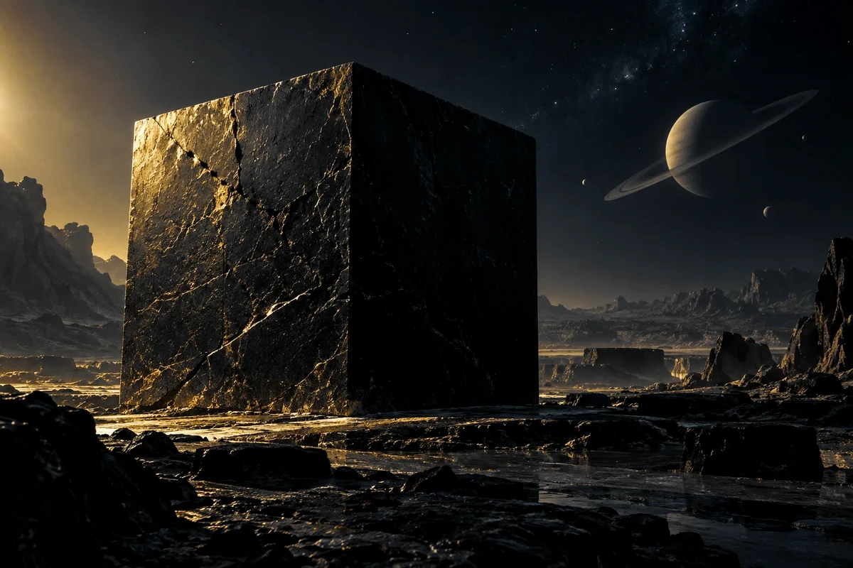 Illustration of a black cube on a dark plain under a ringed planet
