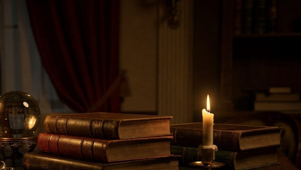 Illustration of a Victorian study at night with a candle, crystal ball and leather books, evoking 1880s Theosophy