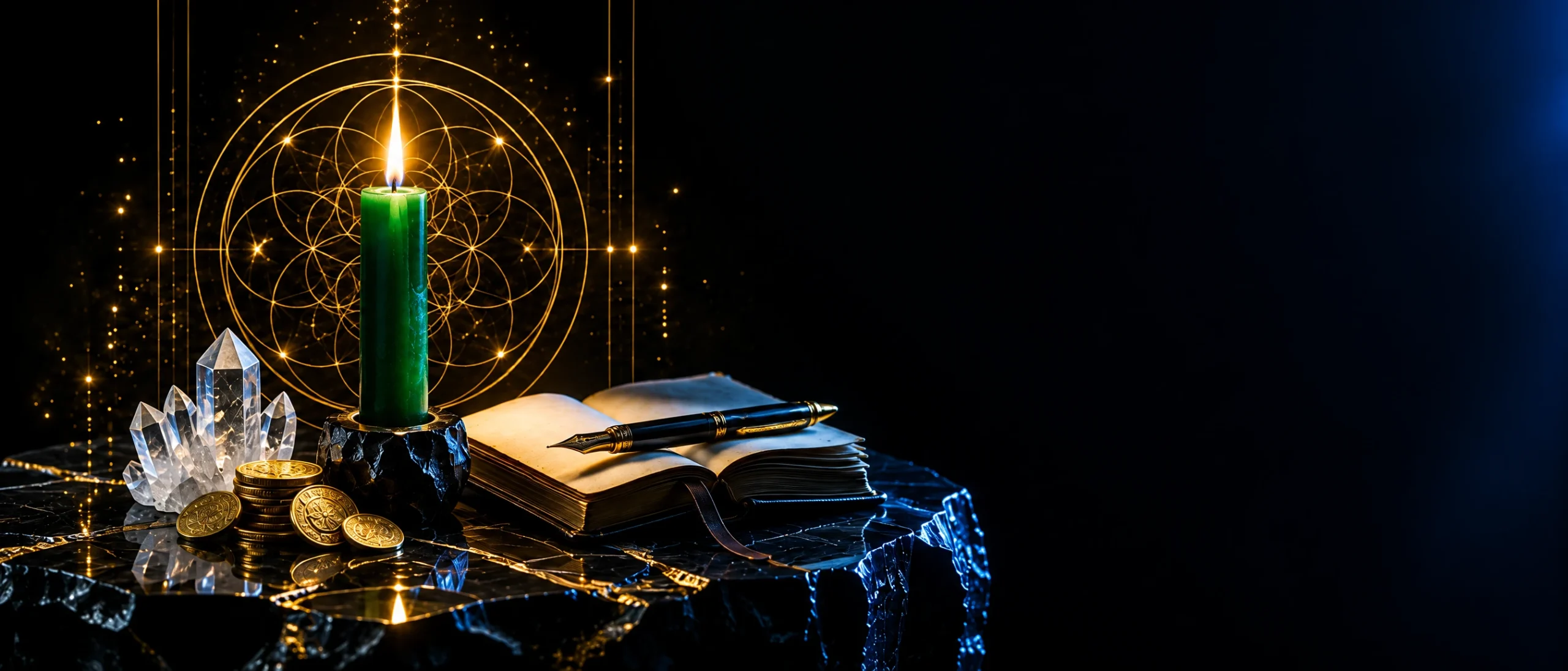 An emerald green candle burning before a golden Seed of Life seal on a black obsidian altar with gold coins, a quartz crystal cluster and an open journal with a pen