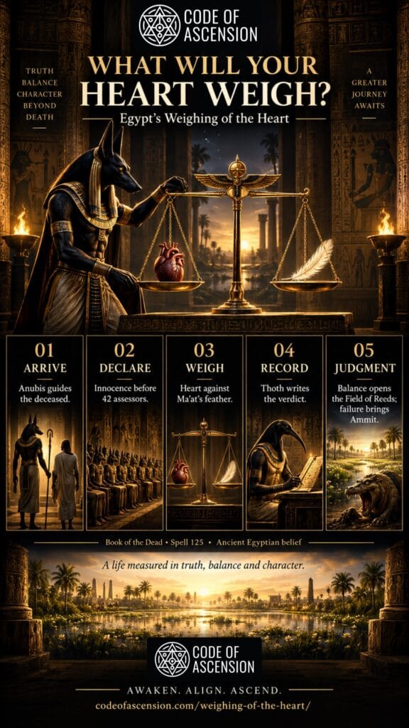Weighing of the Heart infographic: arrive, declare, weigh, record and judgment in Egypt's Hall of Two Truths