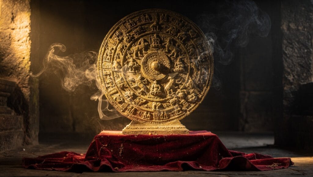The wheel of samsara: an ancient bronze wheel on crimson cloth in a dark temple lit by golden light