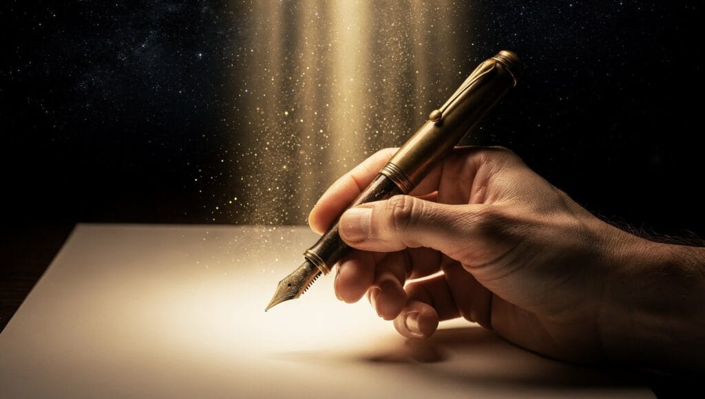 Writing your own story: a hand holding a fountain pen above a glowing blank page rising into a starry sky